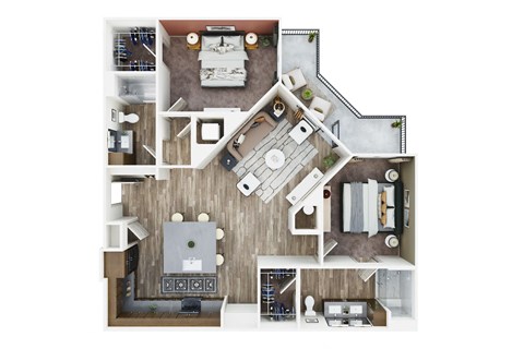 a 3d floor plan of a home with a bedroom and living room